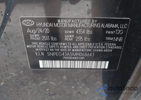 2021 Hyundai Sonata Se from USA, damaged, VIN 5NPEG4JA5MH068643